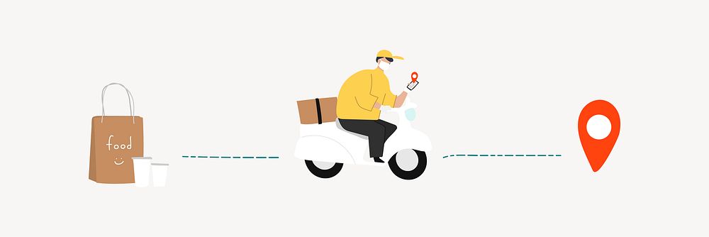 Food delivery man driving to destination illustration vector