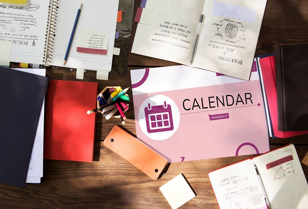 Workspace with illustration of personal organizer reminder calendar