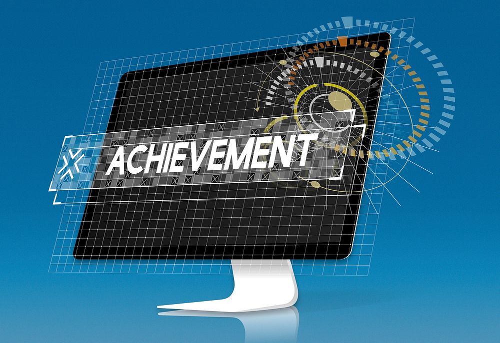 Computer screen with achievement word graphic design word popup