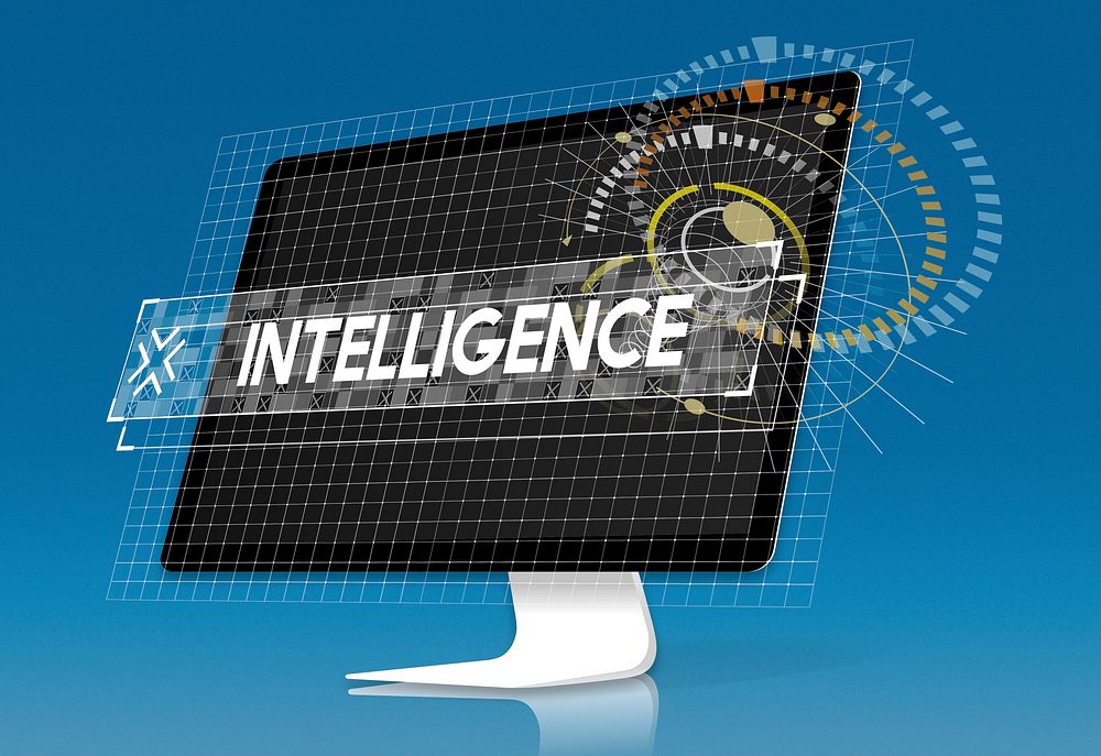 Computer screen with intelligence word graphic design word popup