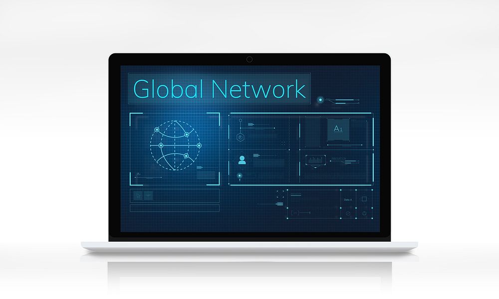 Illustration of global communications network connection on laptop