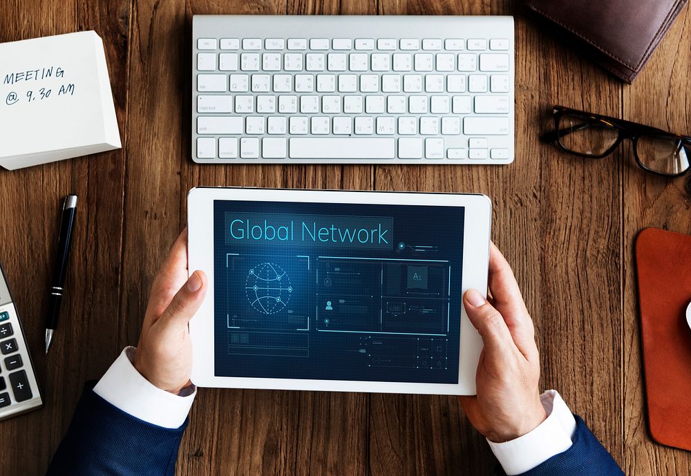 Illustration of global communications network connection on digital tablet