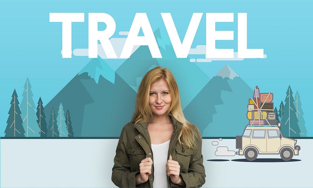 Woman with illustration of discovery journey road trip traveling