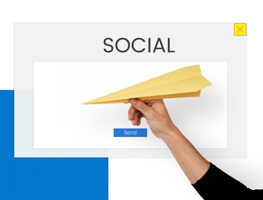 Hand with paper plane and the word about commiunication social