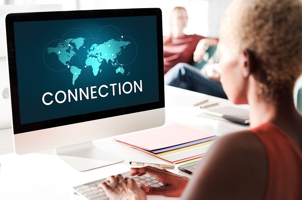 People connected to global communication online community by computer