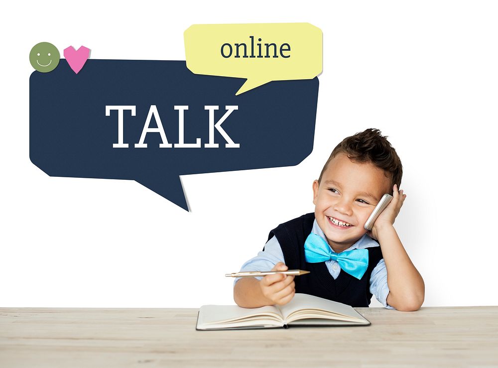 Young child talking on phone network graphic overlay background