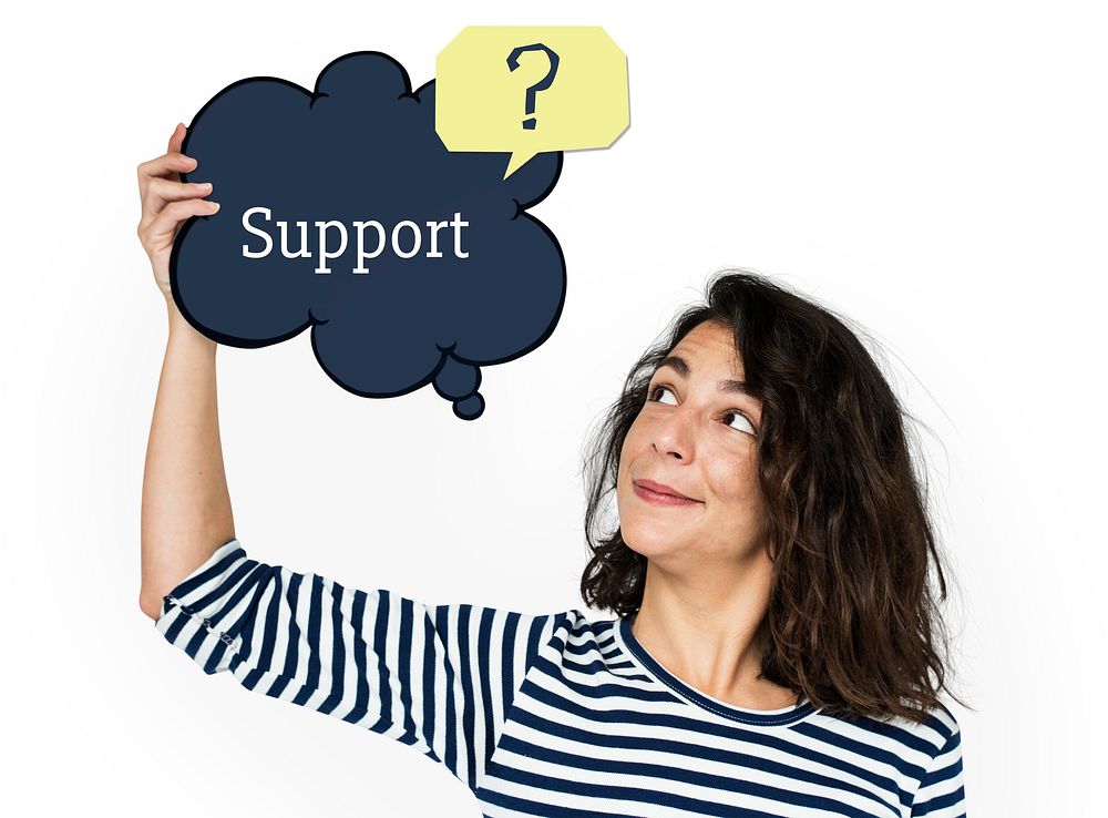 Woman holding speech bubble about customer service concept