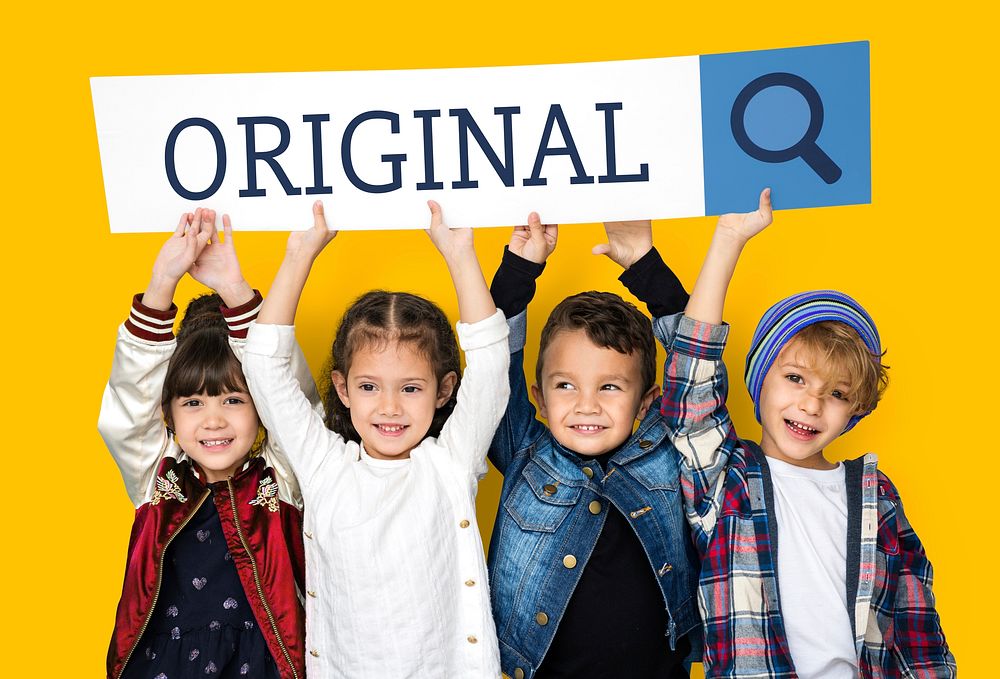 Children with searching banner for original