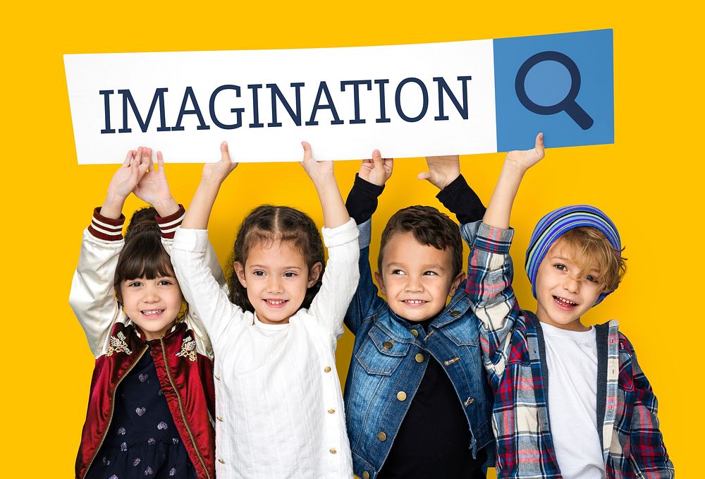 Children with searching banner for imagination and passionn activities