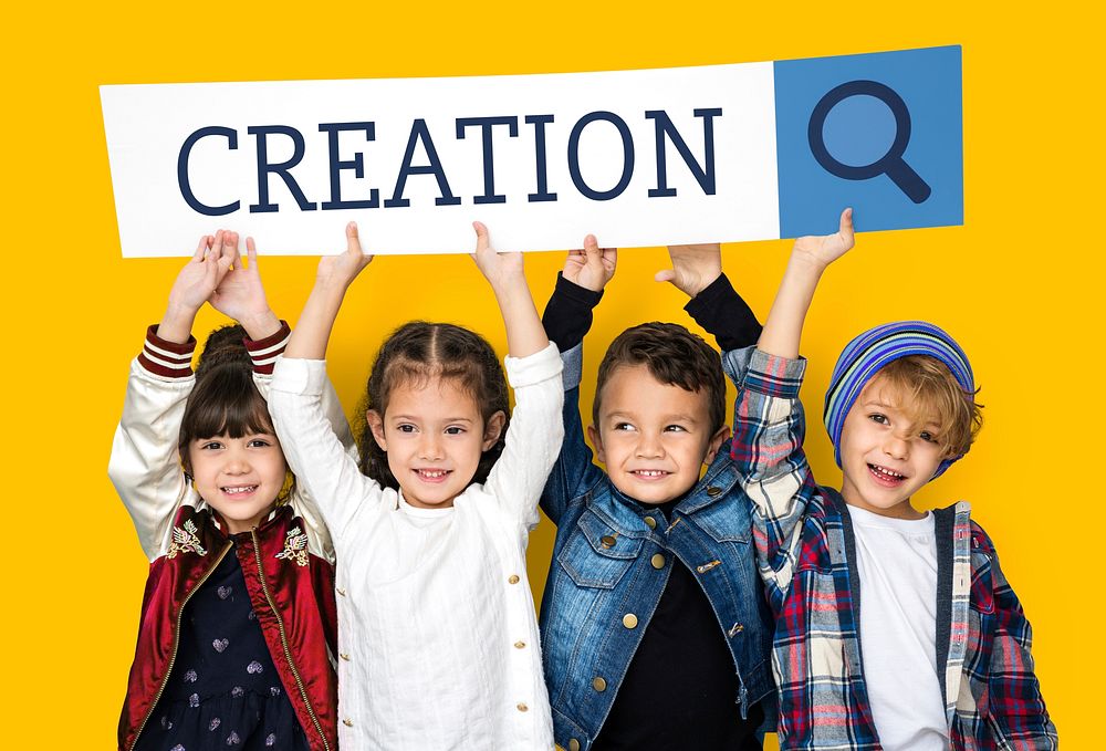 Children with searching banner for imagination and passionn activities