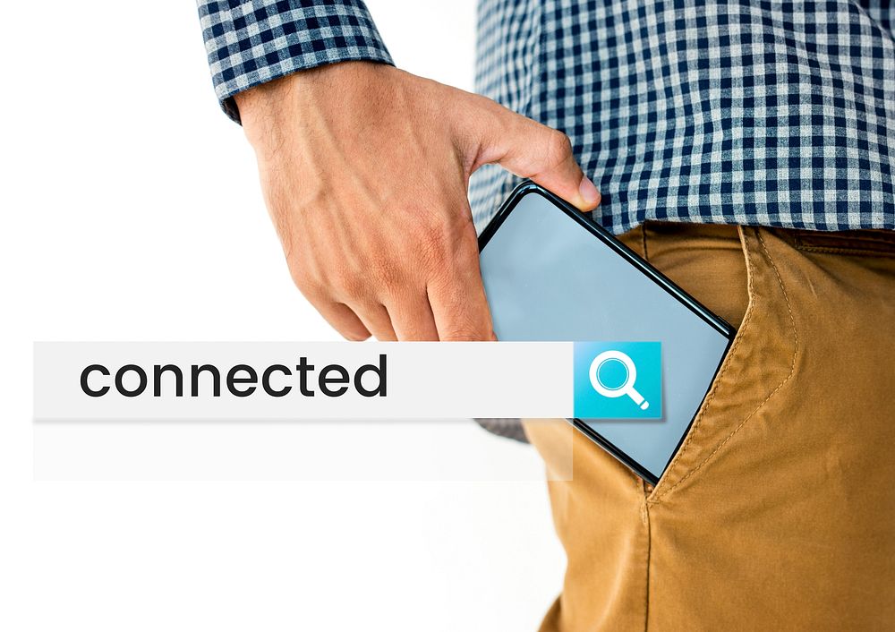 Hand holding digital device network graphic in pocket