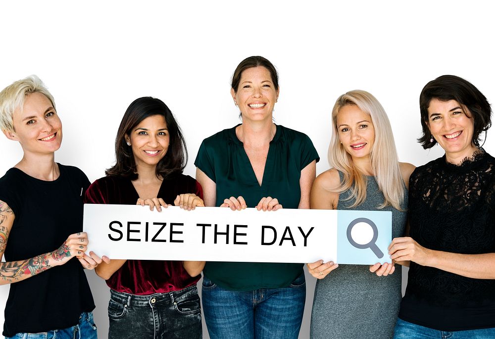 Group of women holding banner network graphic overlay