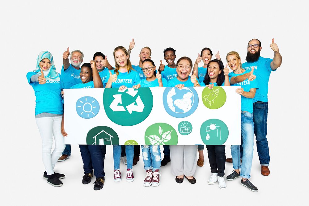 Group of Diverse People Showing Recycle Sign Eco Friendly Save Earth Word Graphic