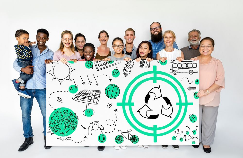 Group of Diverse People Showing Recycle Sign Eco Friendly Save Earth Word Graphic