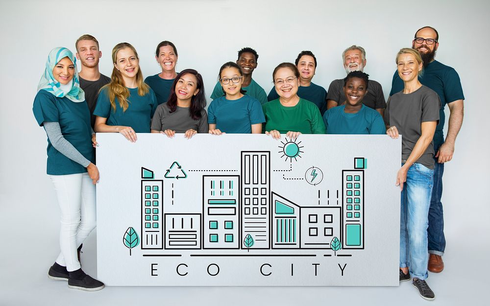 Group of charity people holding building urban banner