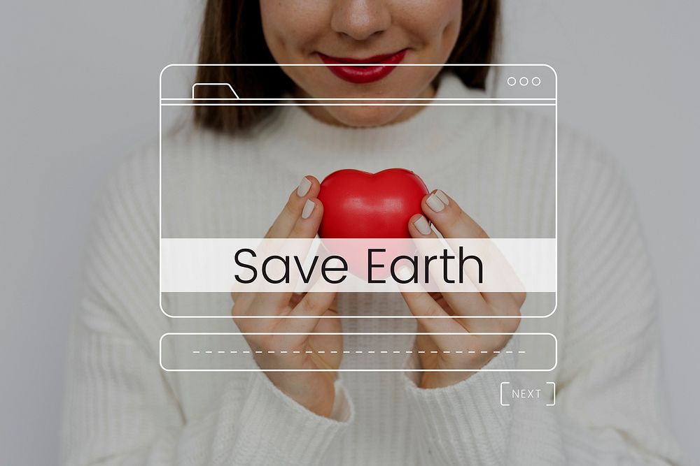 Save environment protection word with website layout banner on heart hands background