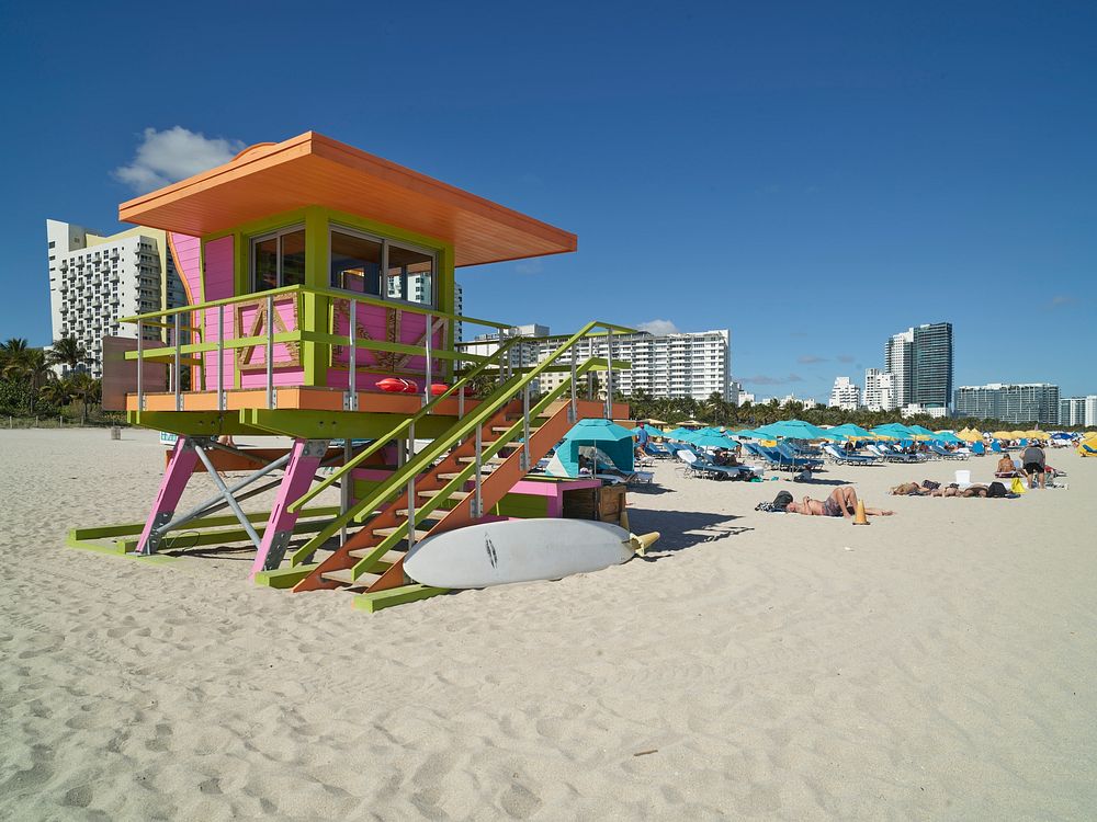                         Even the lifeguard stands in the trendy South Beach section of Miami Beach, Florida, affect an…