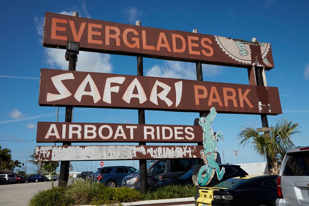                         Sign at the Everglades Safari Park, a tourist attraction in the Everglades, an ecosystem in South…