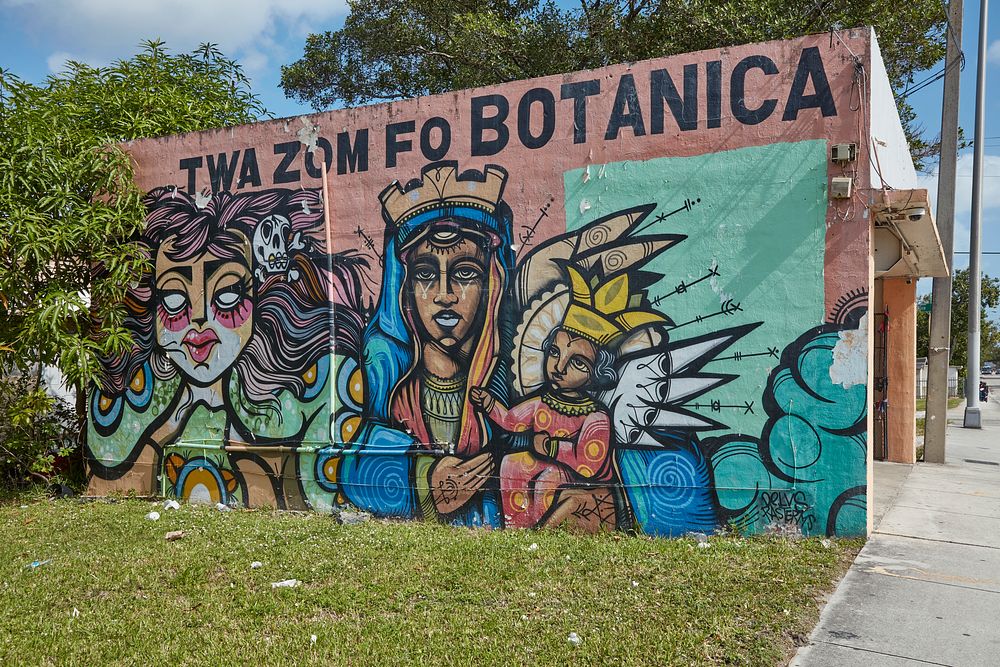                         Decorative wall on the obscure Twa Zom Fo Botanica business or organization in Miami, Florida's…