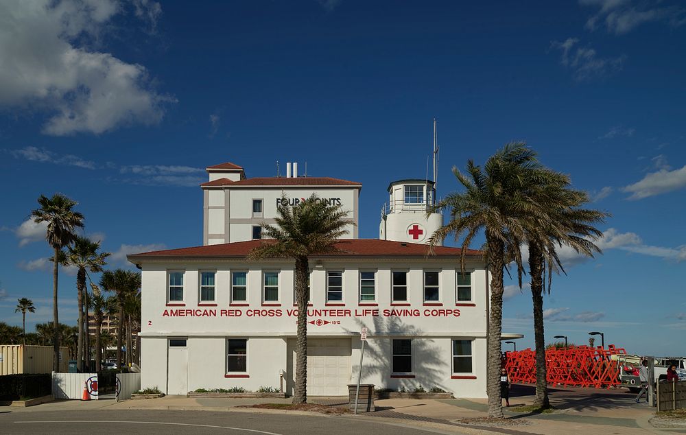                         Lifesaving station of American Red Cross volunteers at Jacksonville Beach, an Atlantic Ocean beach…