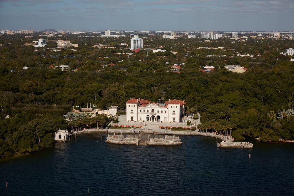                         Aerial view from Biscayne Bay of the Vizcaya Museum & Gardens in Miami, Florida, the onetime villa…