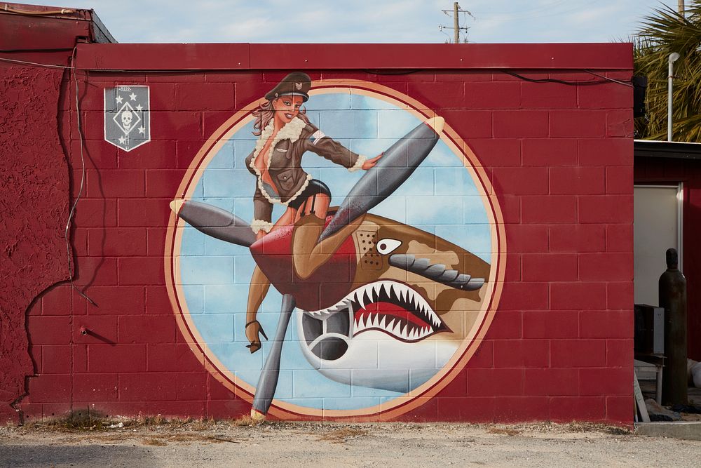                         Sign evoking a World-War II-style fighter plane cartoon outside the Fubar pizza bar in Fort Walton…