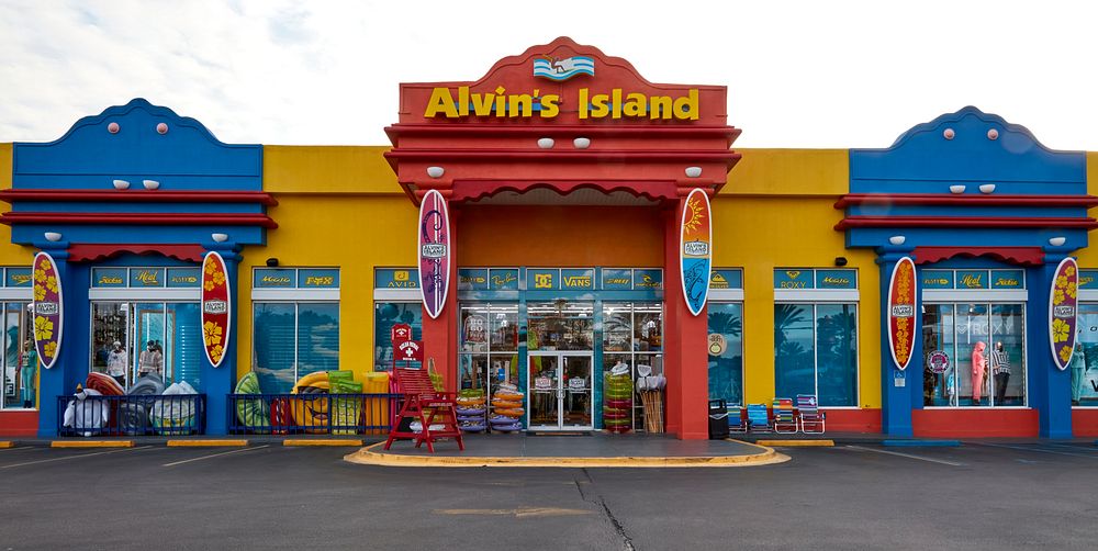                         The colorful entrance to the Alvin's Island beachfront department store in Destin, Florida, a…
