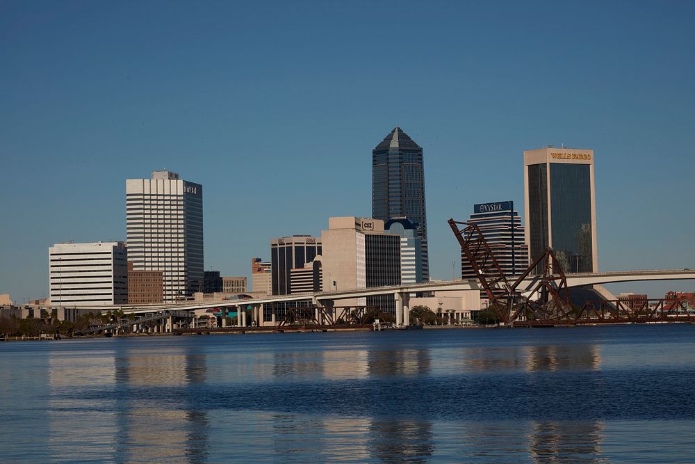                        View of downtown Jacksonville, Florida, along the St. Johns River that separates several…