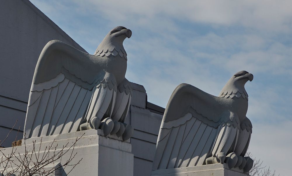                         Imposing eagle statues outside the Illinois National Guard Armory in Sycamore, Illinois             …