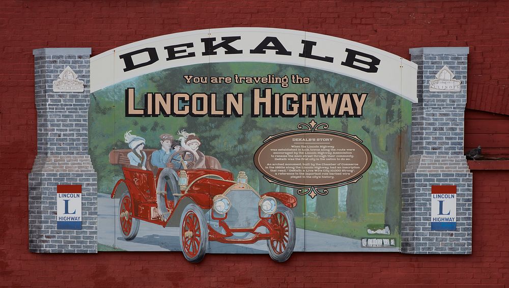                         Sign denoting the passage of the Lincoln Highway through town in DeKalb, Illinois. Begun in 1913…