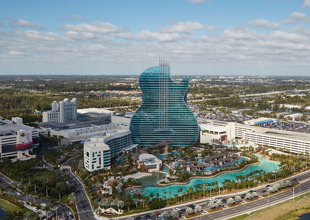                         Aerial view of the enormous, guitar-shaped Seminole Hard Rock Hotel & Casino in Hollywood, Florida…