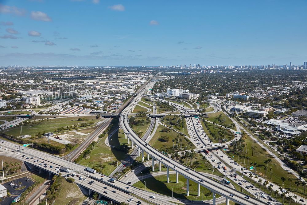                         A "spaghetti bowl" of intertwining freeways and causeway in Miami Gardens, Florida, a city just…