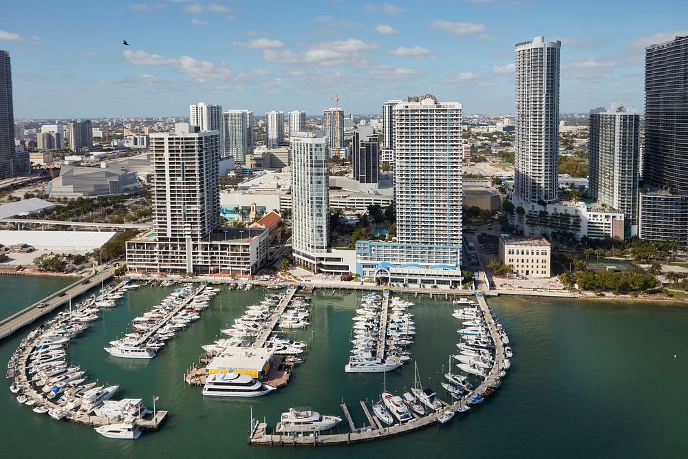                         Aerial view from Biscayne Bay, separating Miami Beach and Miami, Florida, of part of the Miami…