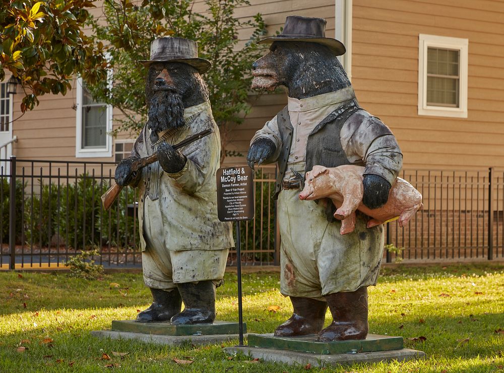                         Artist Damon Farmer's bear-like figures at the historic McCoy House in Pikeville, an eastern…