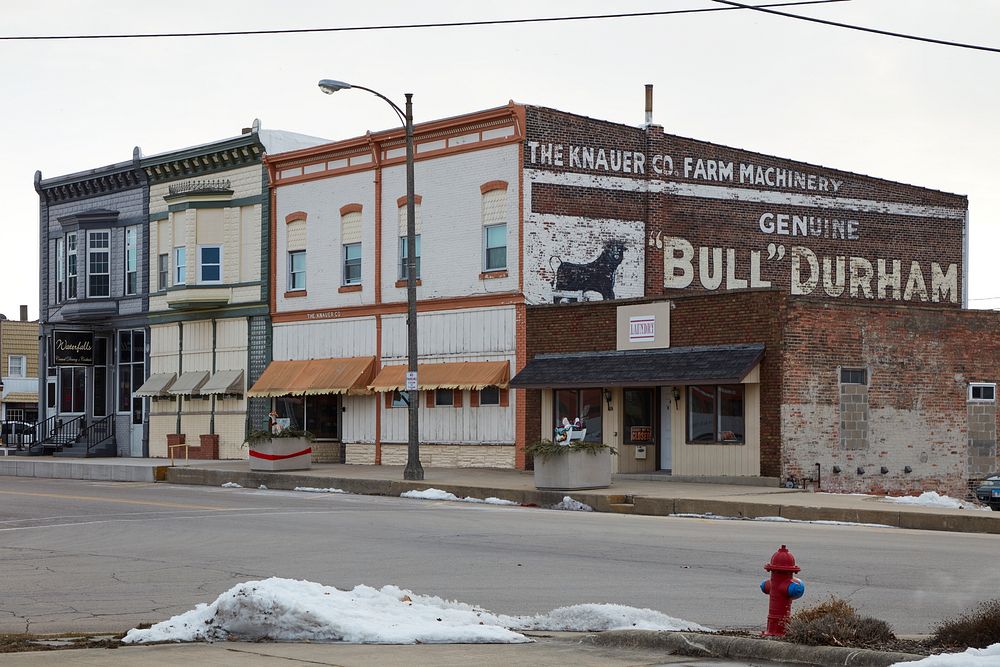                         A vintage ad for Bull Durham chewing tobacco adorns an equally weathered building in Mendota…