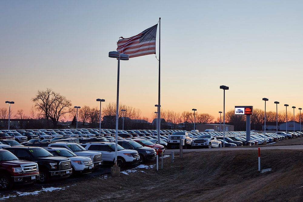                         New cars awaiting buyers at the local Ford dealer in Sandwich, Illinois                        