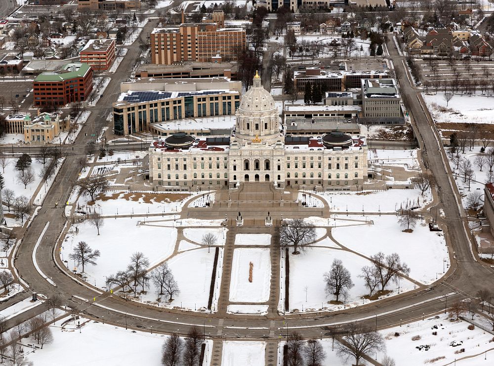                         Wintertime aerial view of architect Cass Gilbert's majestic Minnesota Capitol in St. Paul which-…