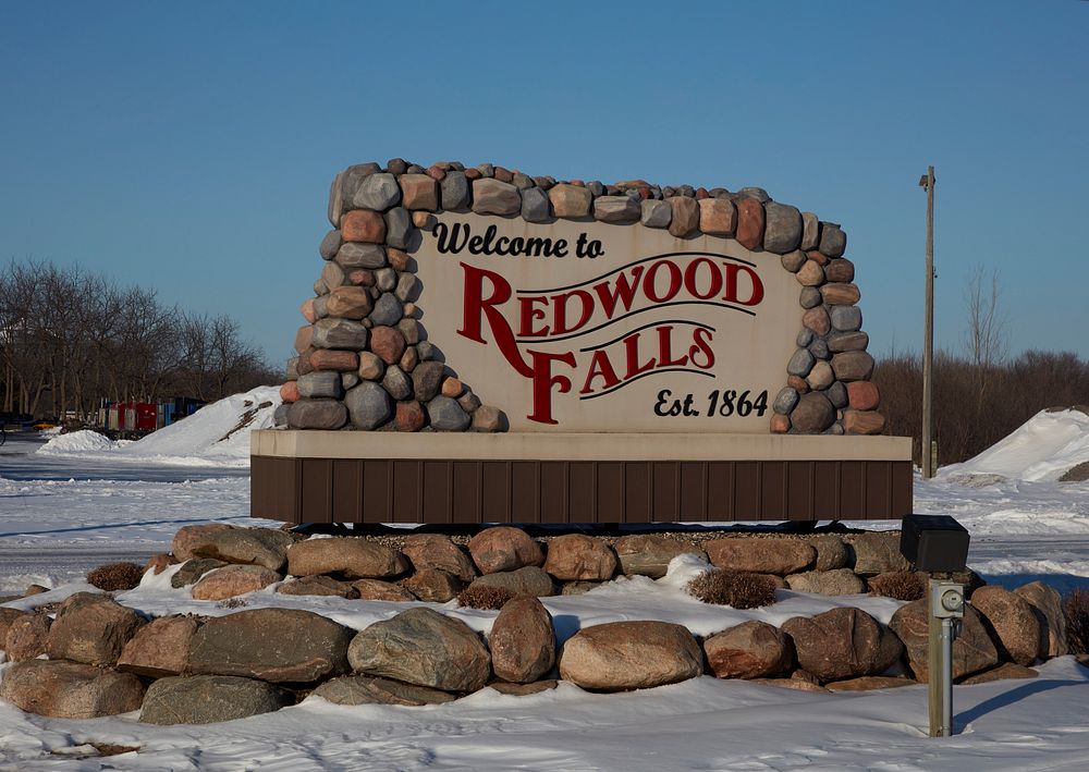                         Welcome sign on the edge of Redwood Falls, a small city in southwest Minnesota                      …