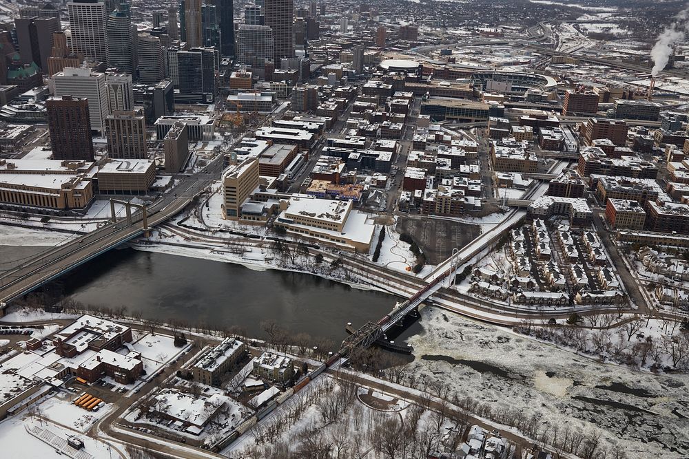                         Wintertime aerial view of downtown Minneapolis, which--along with neighboring St. Paul--is one of…