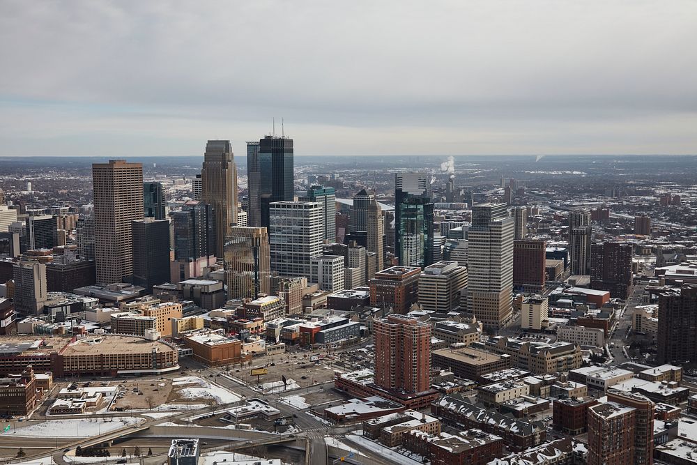                         Wintertime aerial view of downtown Minneapolis, which--along with neighboring St. Paul--is one of…