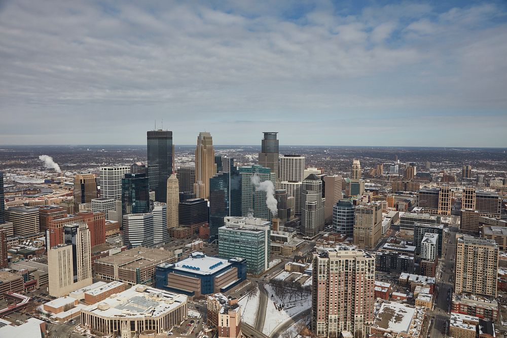                         Wintertime aerial view of downtown Minneapolis, which--along with neighboring St. Paul--is one of…