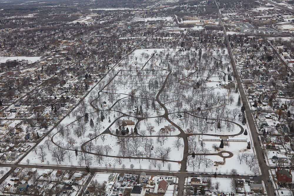                         Wintertime aerial view of Oakland Cemetery in St. Paul, which--along with neighboring Minneapolis-…