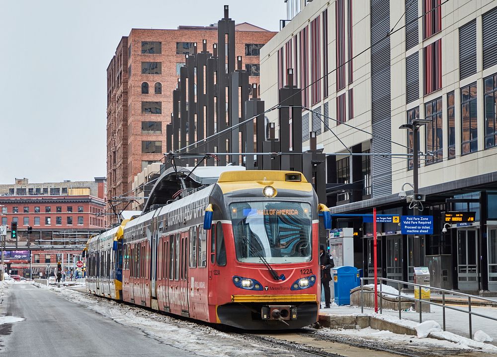                         A Metro Transit light-rail train in downtown Minneapolis, which--along with neighboring St. Paul--is…