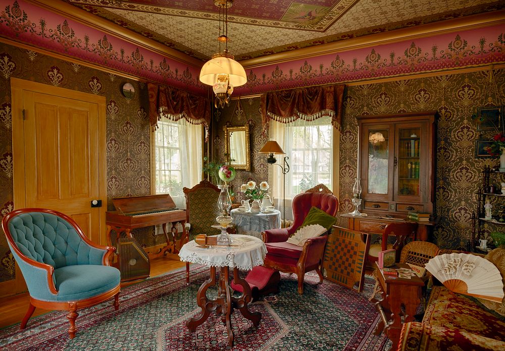                         An elegant parlor of the Riley County Historical Museum's Wolf House historical museum in Manhattan…