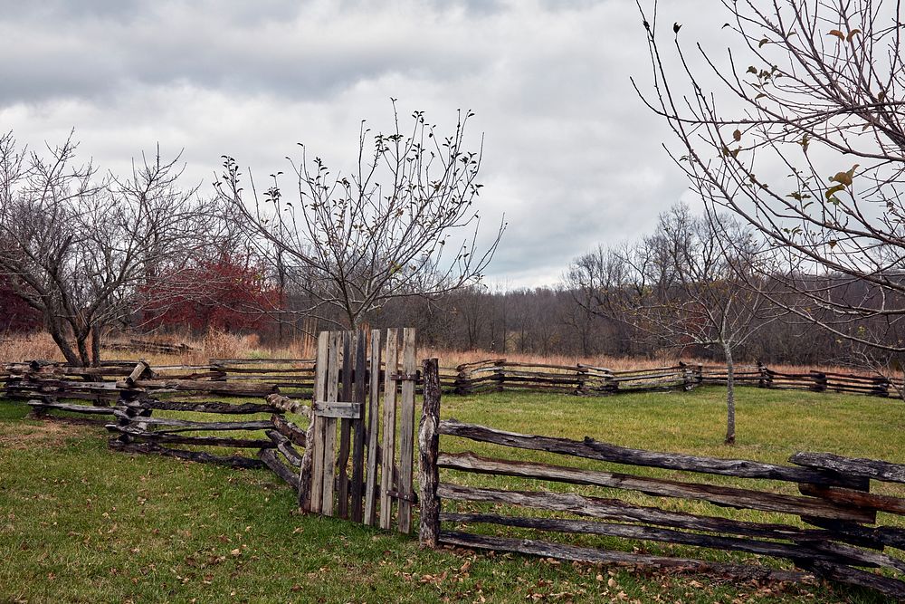                         Split-rail fence at the Nathan and Olive Boone State Historic Park in Greene County, Missouri       …