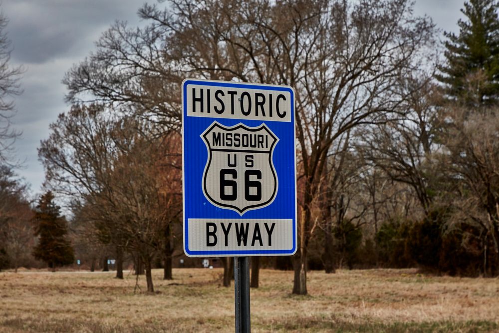                         Sign in a brief portion of the old, mostly two-lane U.S. Highway 66, at the Route 66 State Park near…