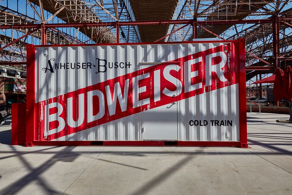                         Corrugated-steel beer sign within the 11.5-acre train shed at the historic (1894) St. Louis Union…