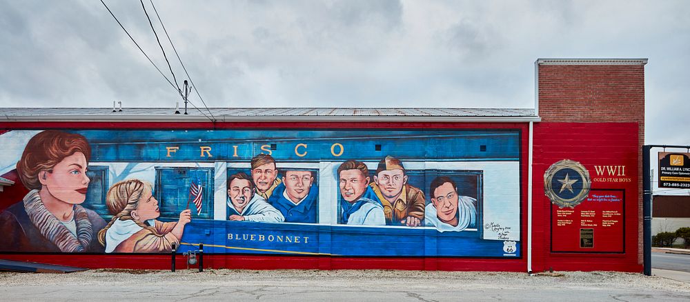 Mural depicting Cuba's "Gold Star Boys" along the historic, mostly two-lane, U.S. Route 66 in Cuba, Missouri, named after…