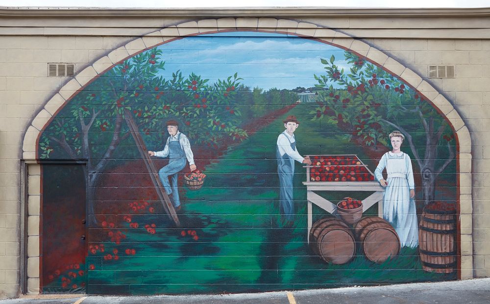                         One of two "Apples and Barrels" murals along the historic, mostly two-lane, U.S. Route 66 in Cuba…