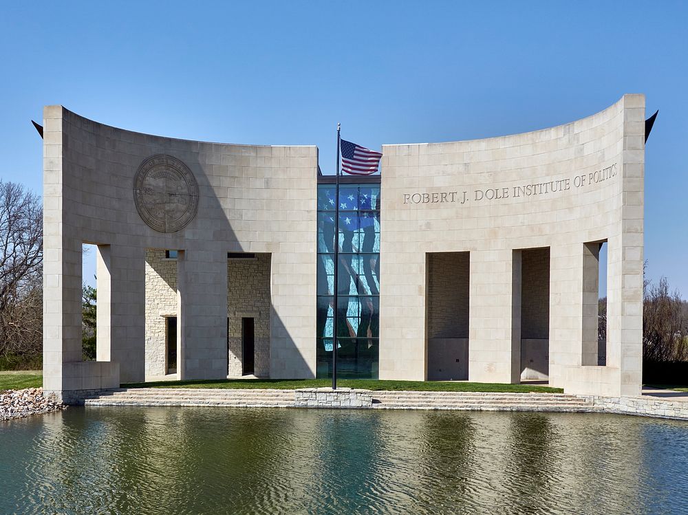                         The modernist Robert J. Dole Institute of Politics building in Lawrence, Kansas                     …